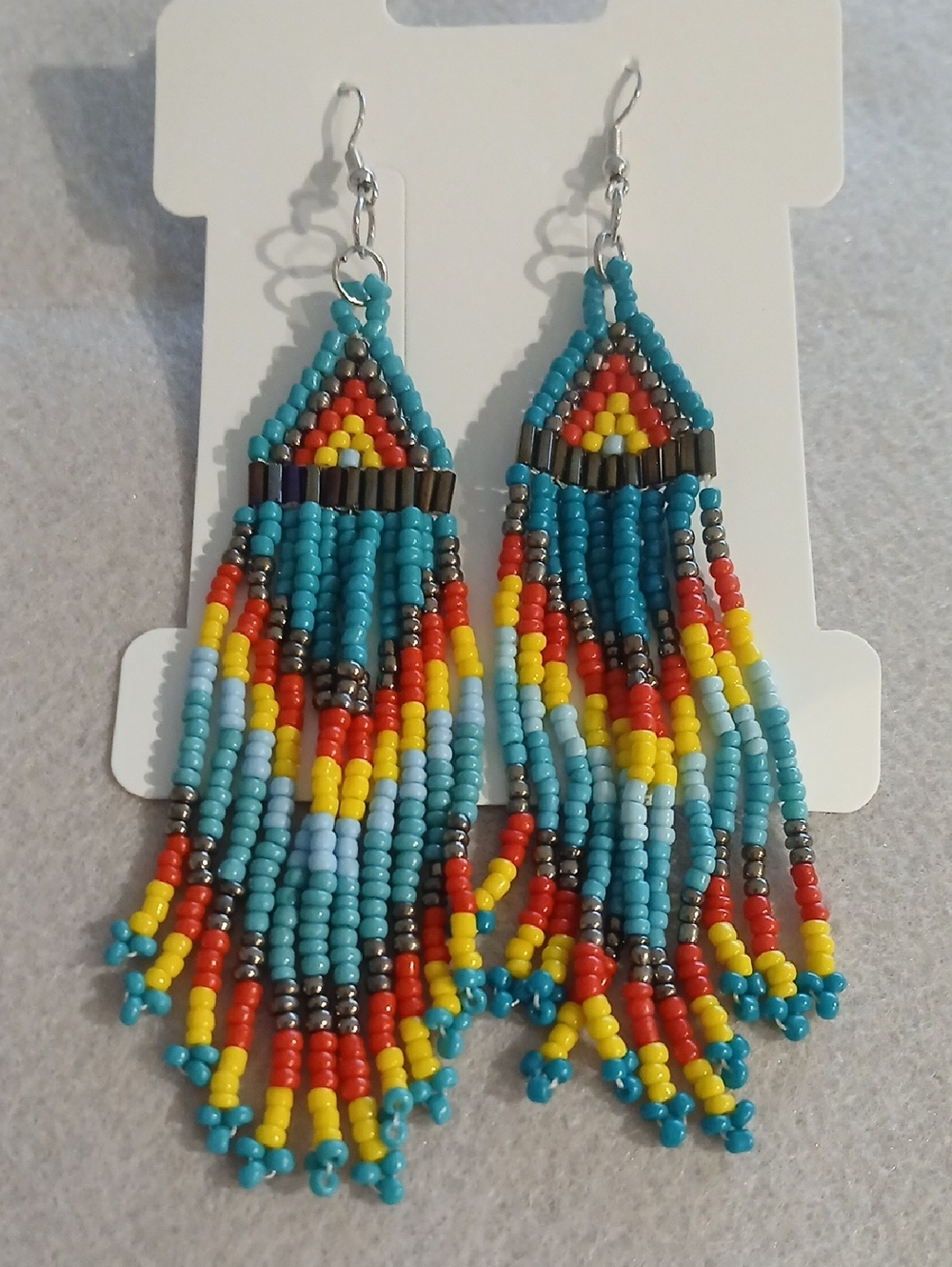 Handmade Turquoise Multicolor Seed Bead Fringe Earrings